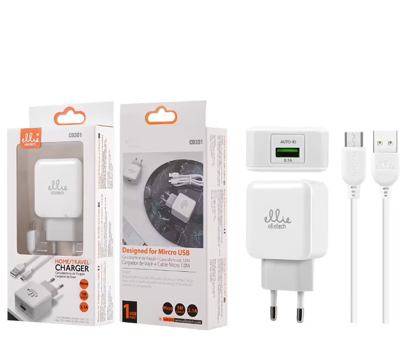 Chargeur Ellietech avec Câble pour Micro USB 2.1A 1M