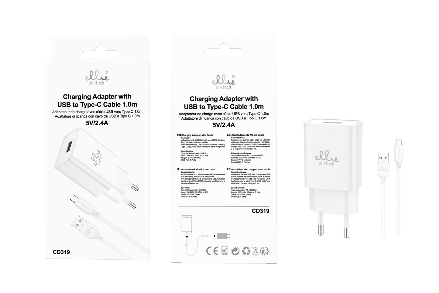 Ellietech CD319 Chargeur avec câble Type-c 5V/2,4A 1M