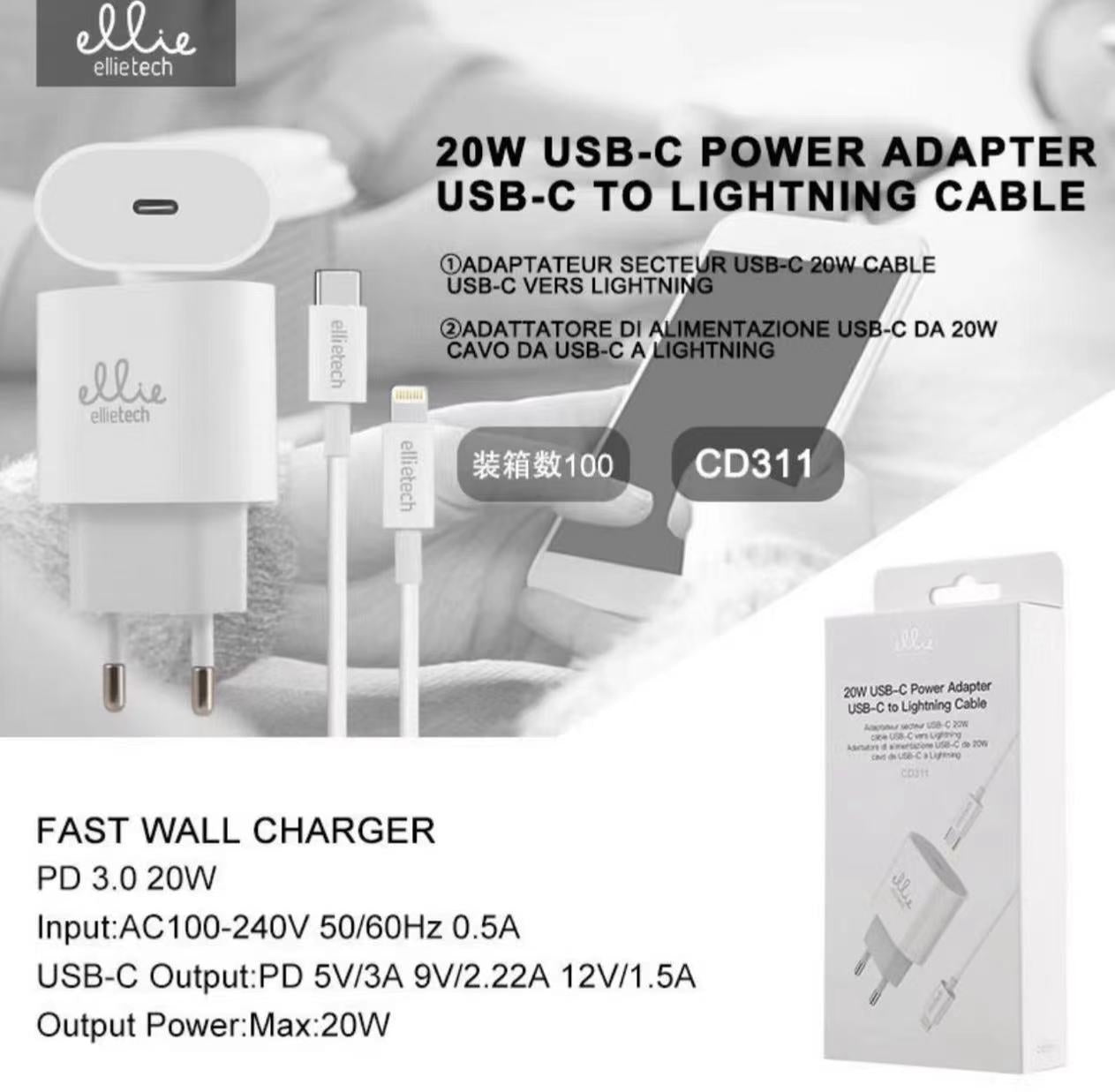 Chargeur rapide avec câble pour type C vers Lightning 20W ellietech,