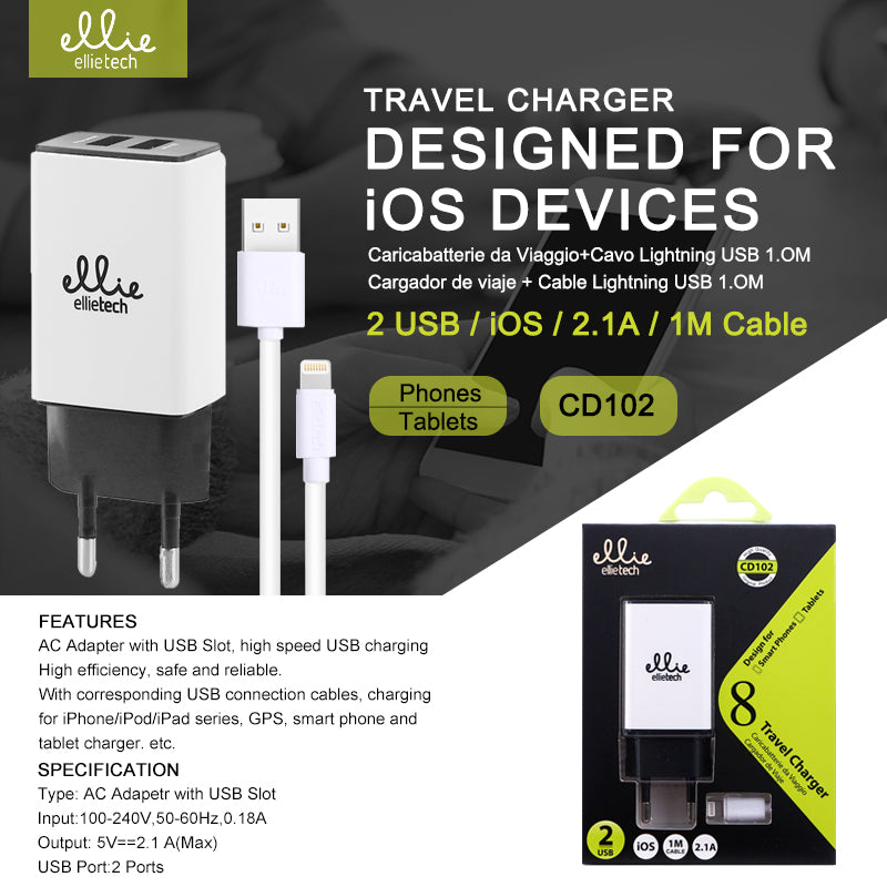 Chargeur pour iPhone et iPad, 1M, 2.1A, 2 USB TOP
