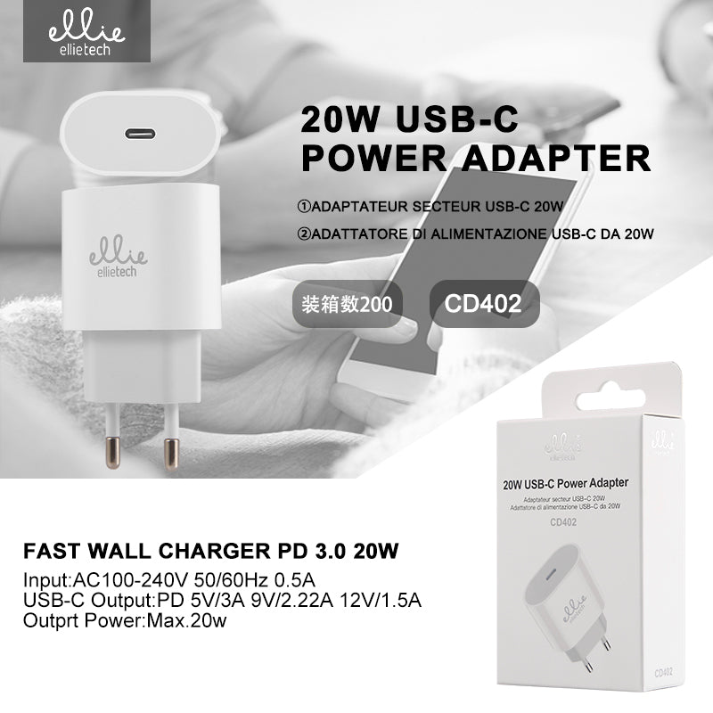 Chargeur secteur type C, rapide de 20W