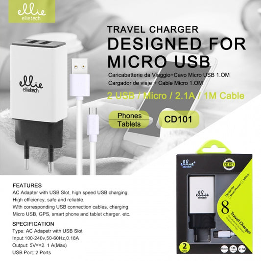 Chargeur Micro usb pour téléphone, 1M, 2.1A 2USB TOP