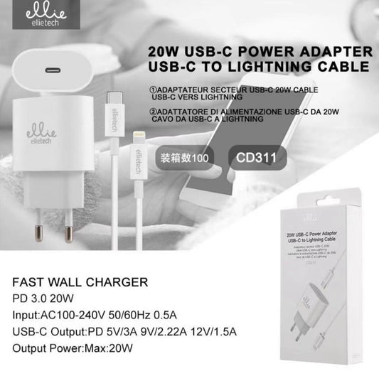 Chargeur rapide avec câble pour type C vers Lightning 20W ellietech,
