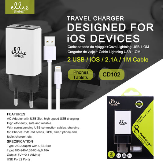 Chargeur pour iPhone et iPad, 1M, 2.1A, 2 USB TOP