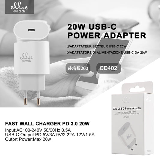 Chargeur secteur type C, rapide de 20W