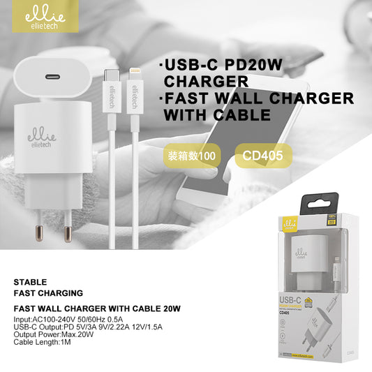 Chargeur d’entrée Type C avec câble pour iPhone, rapide, 20W