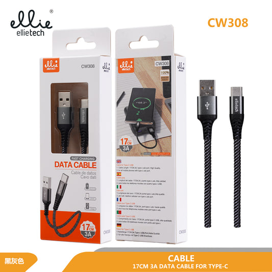 Câble en nylon de charge rapide et transfert des données, type C/3A, 17CM NOUVEAU