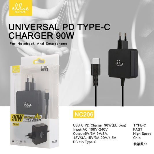 Ellietech NC206 Chargeur Universel avec Câble Type C 90W pour Ordinateur Portable